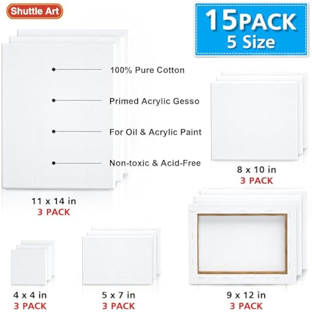 Shuttle Art Stretched Canvas Pack - 15 Multi-Size Primed Cotton Canvases