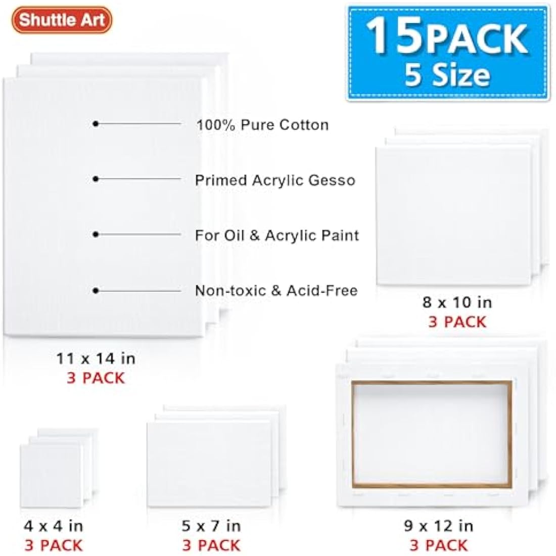 Shuttle Art Stretched Canvas Pack - 15 Multi-Size Primed Cotton Canvases