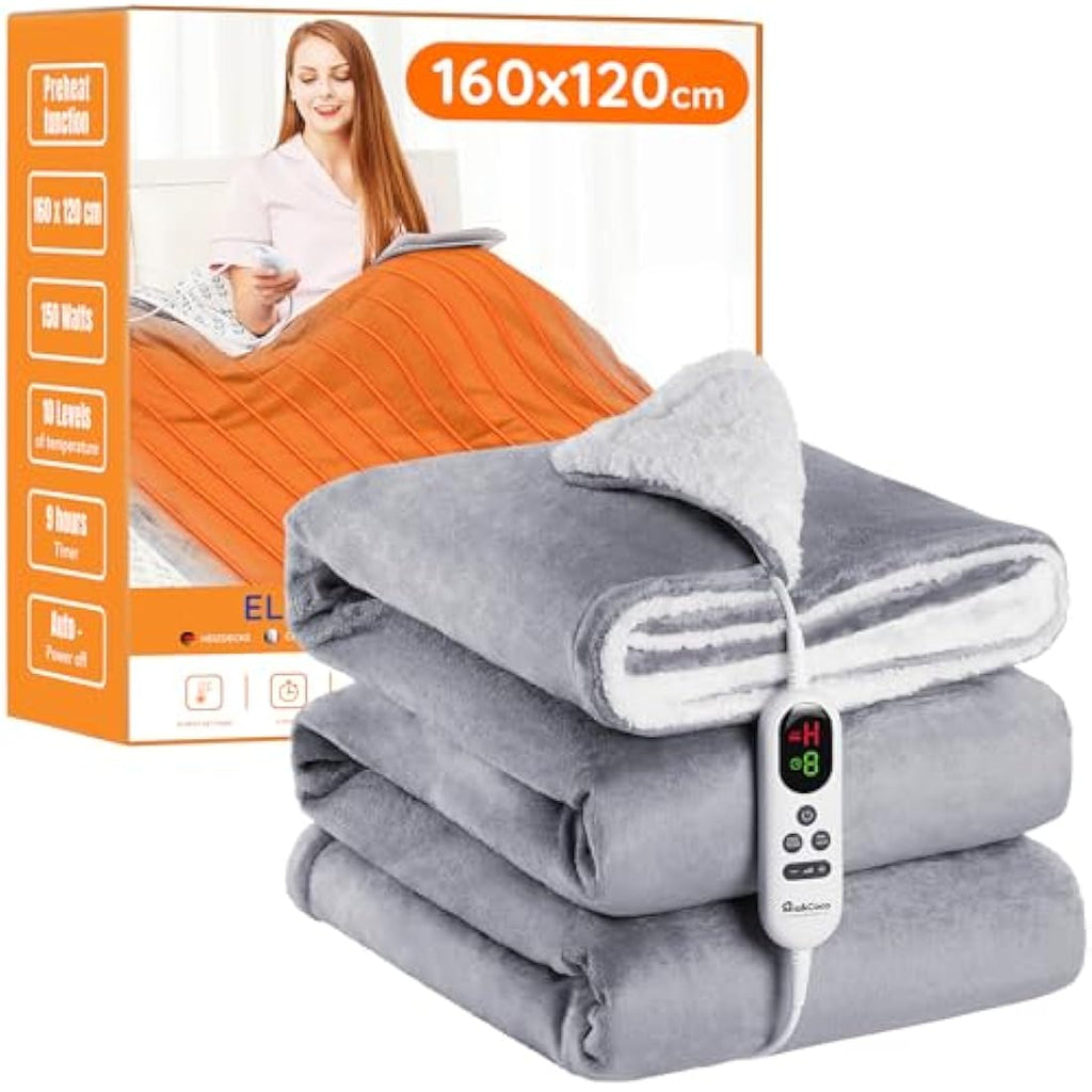 Mia&Coco Electric Heated Blanket – Flannel Sherpa Throw, 10 Heat Levels, Grey