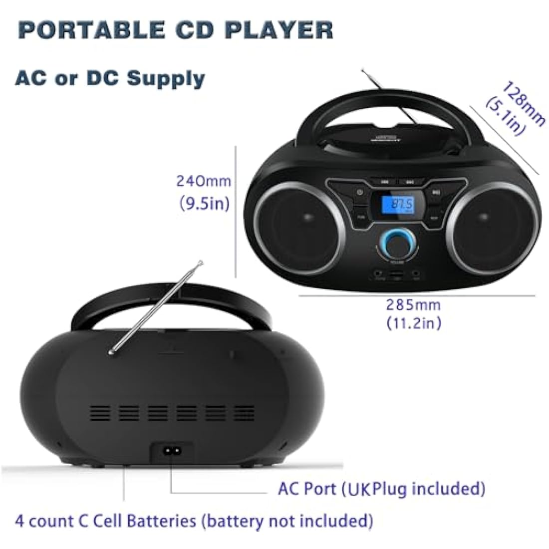 Portable CD Player – Bluetooth Boombox with FM Radio & USB