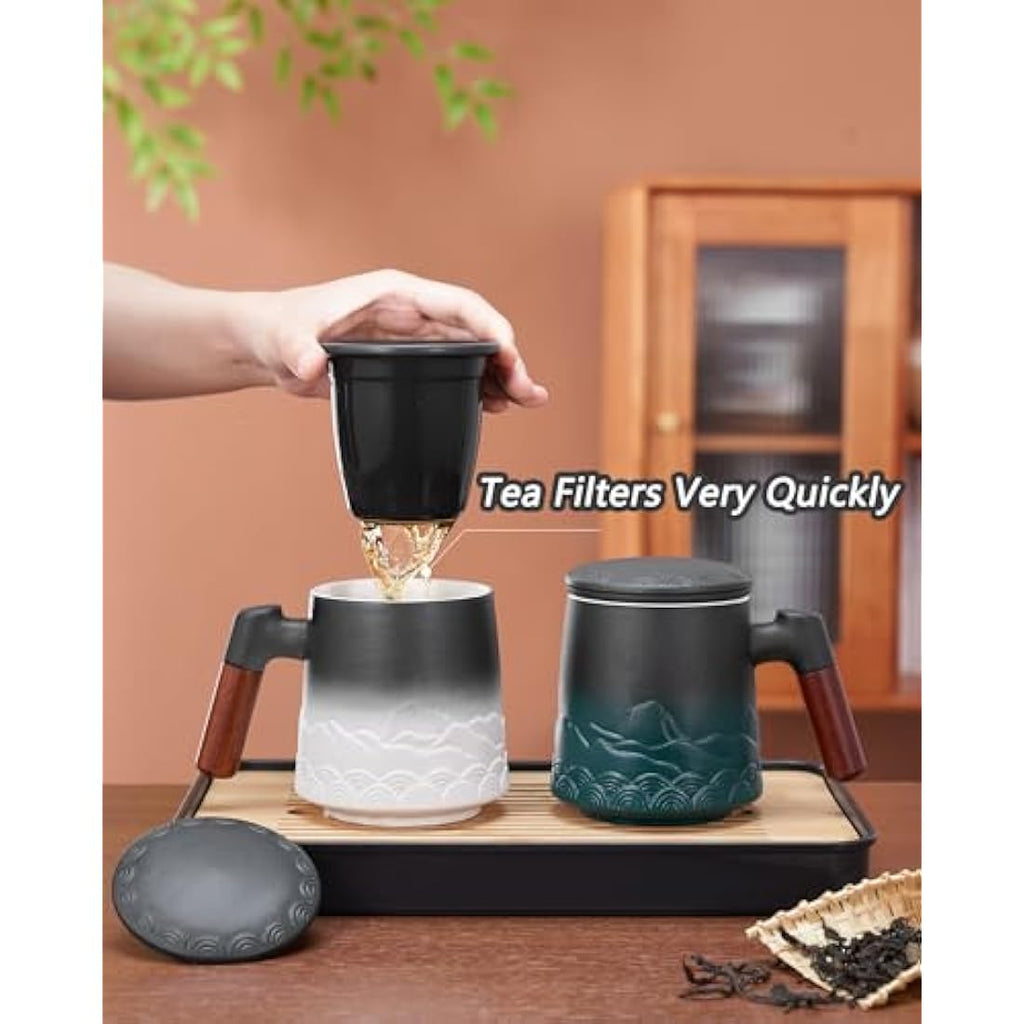 ZENS Ceramic Tea Infuser Mug with Wood Handle and Lid, 500ml - Black