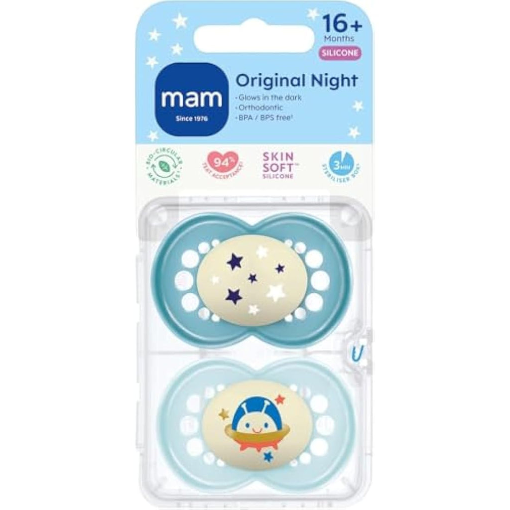 MAM Night Soothers | Glow in the Dark Orthodontic Dummies | 18-36m | 2 Pack