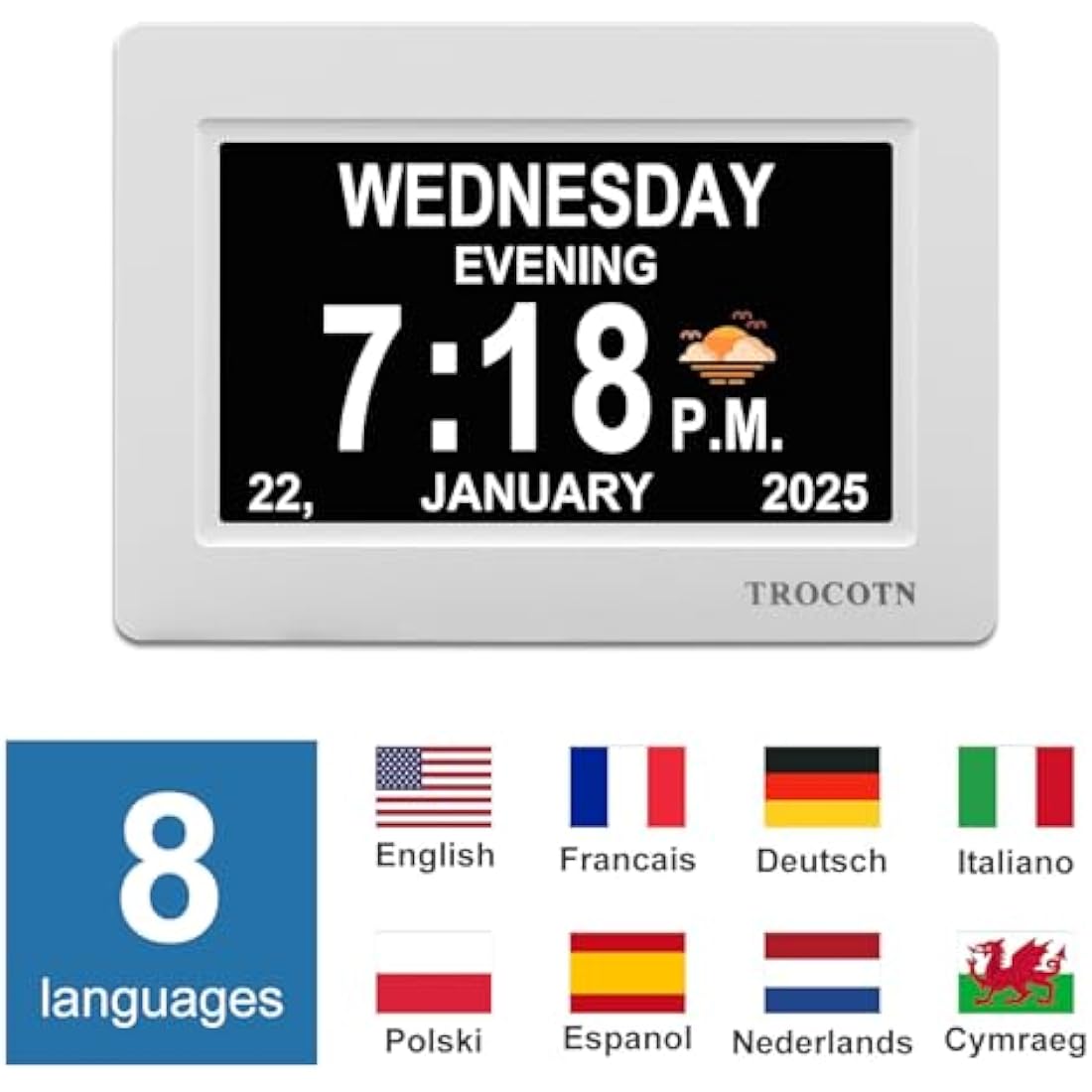 TROCOTN 7-Inch Digital Calendar Day Clock for Elderly – Large Display White