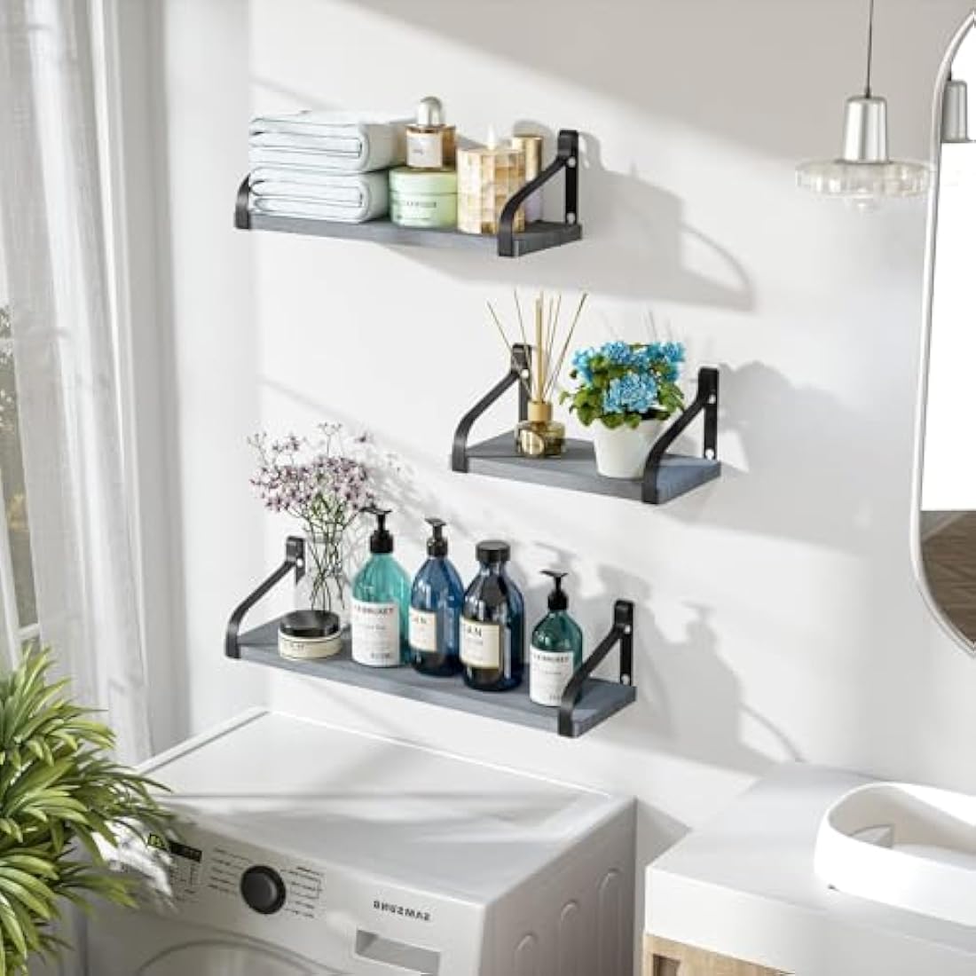 Love-KANKEI Rustic Floating Shelves – Set of 3 Wood Wall Shelves, Grey