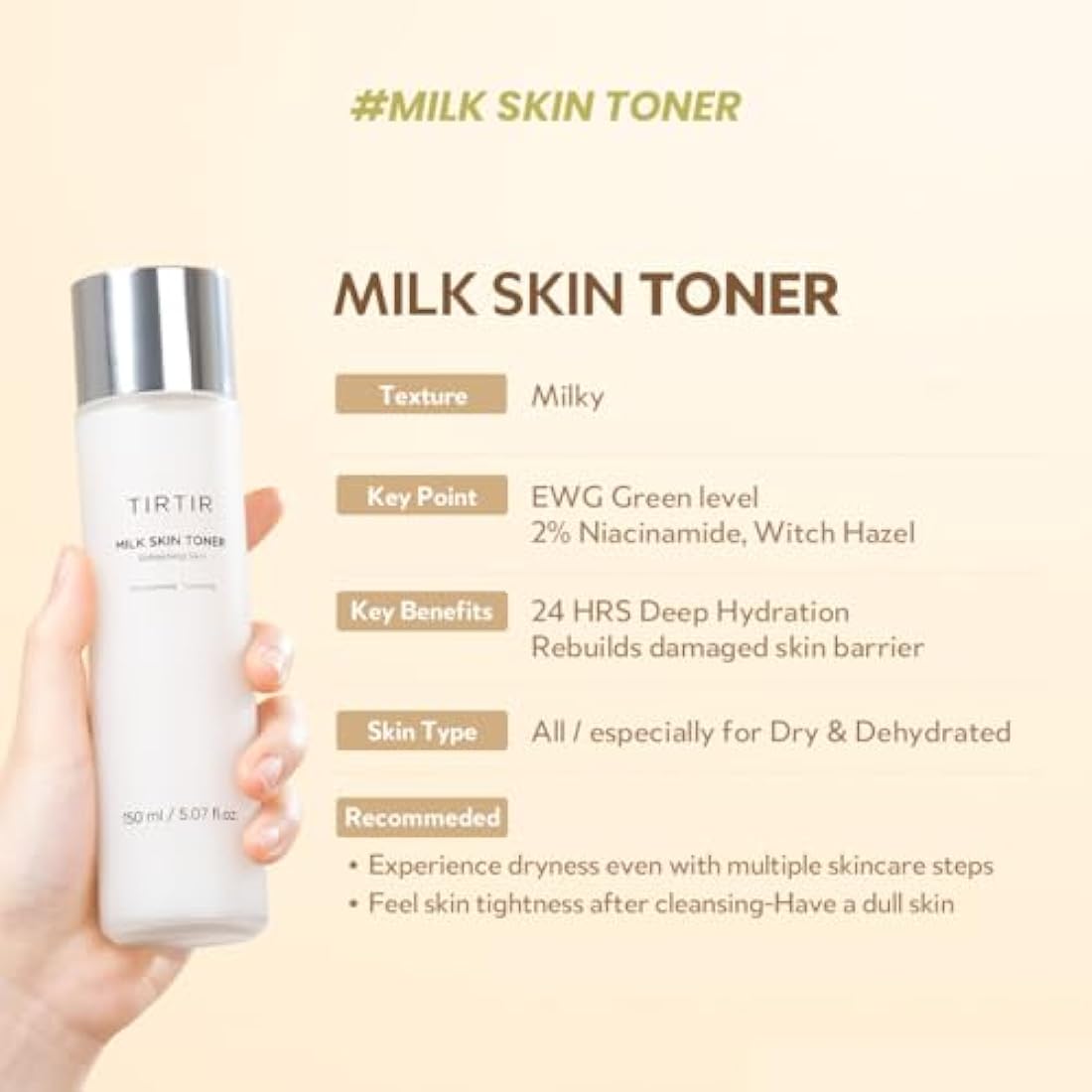 TIRTIR Milk Skin Rice Toner Light - 4% Niacinamide Hydrating Vegan Toner