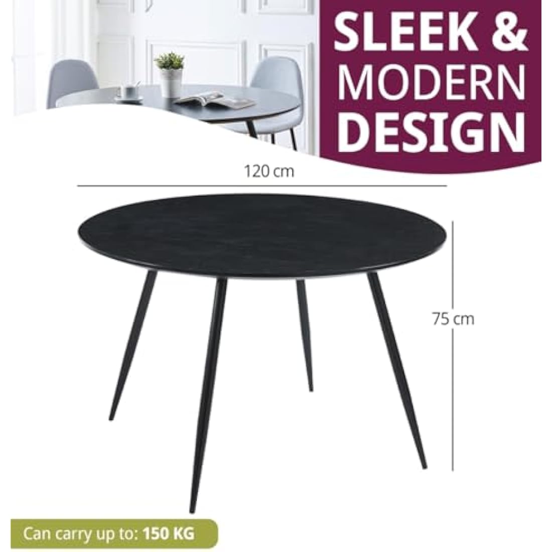 Hallowood Cullompton Round Black Dining Table | 4-6 Seater Wood Effect