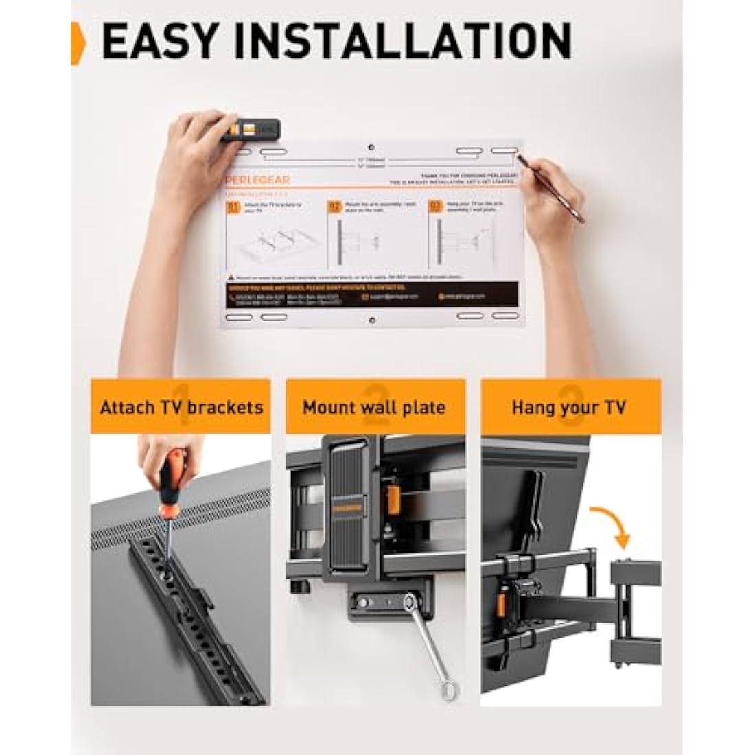 Perlegear Full Motion TV Wall Mount for 42-84 Inch TVs, Dual Swivel Arms