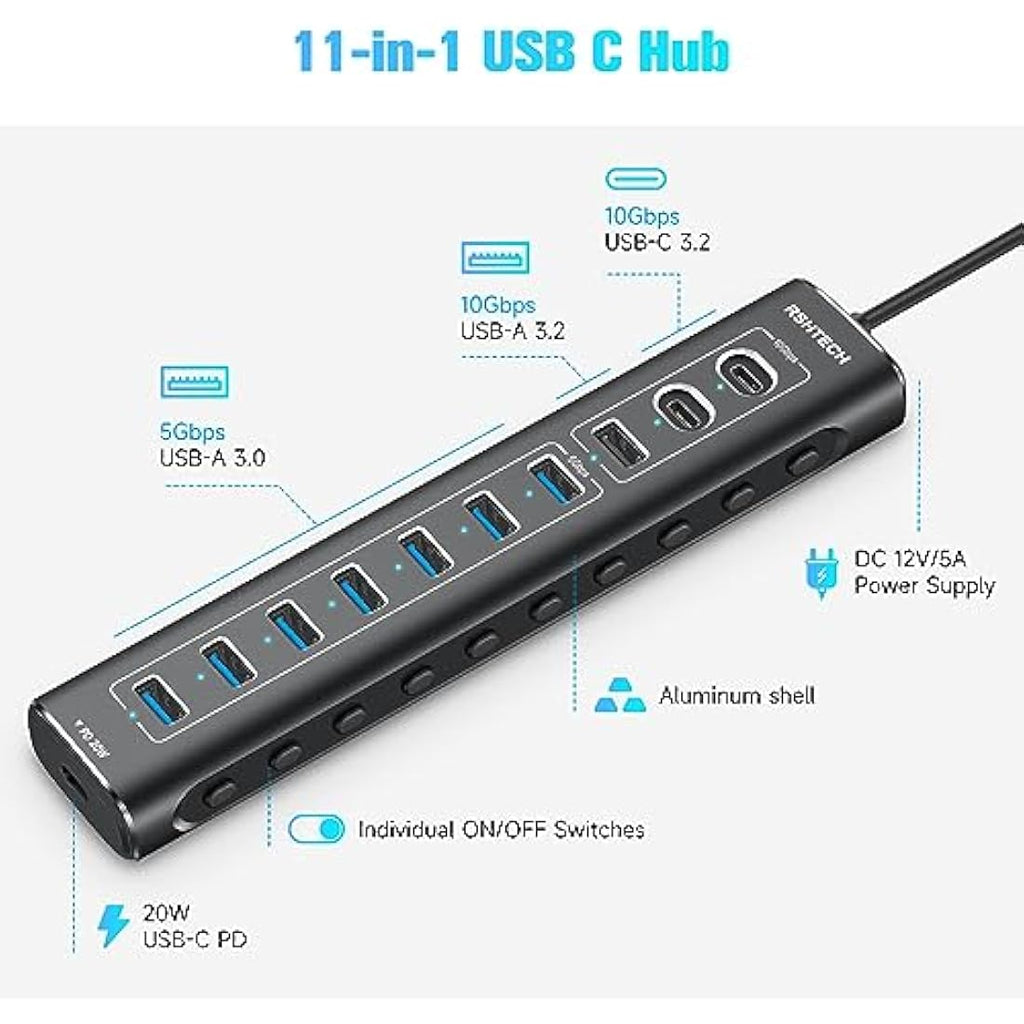 RSHTECH 11-Port Powered USB C Hub | 60W Aluminum 10Gbps Data Splitter
