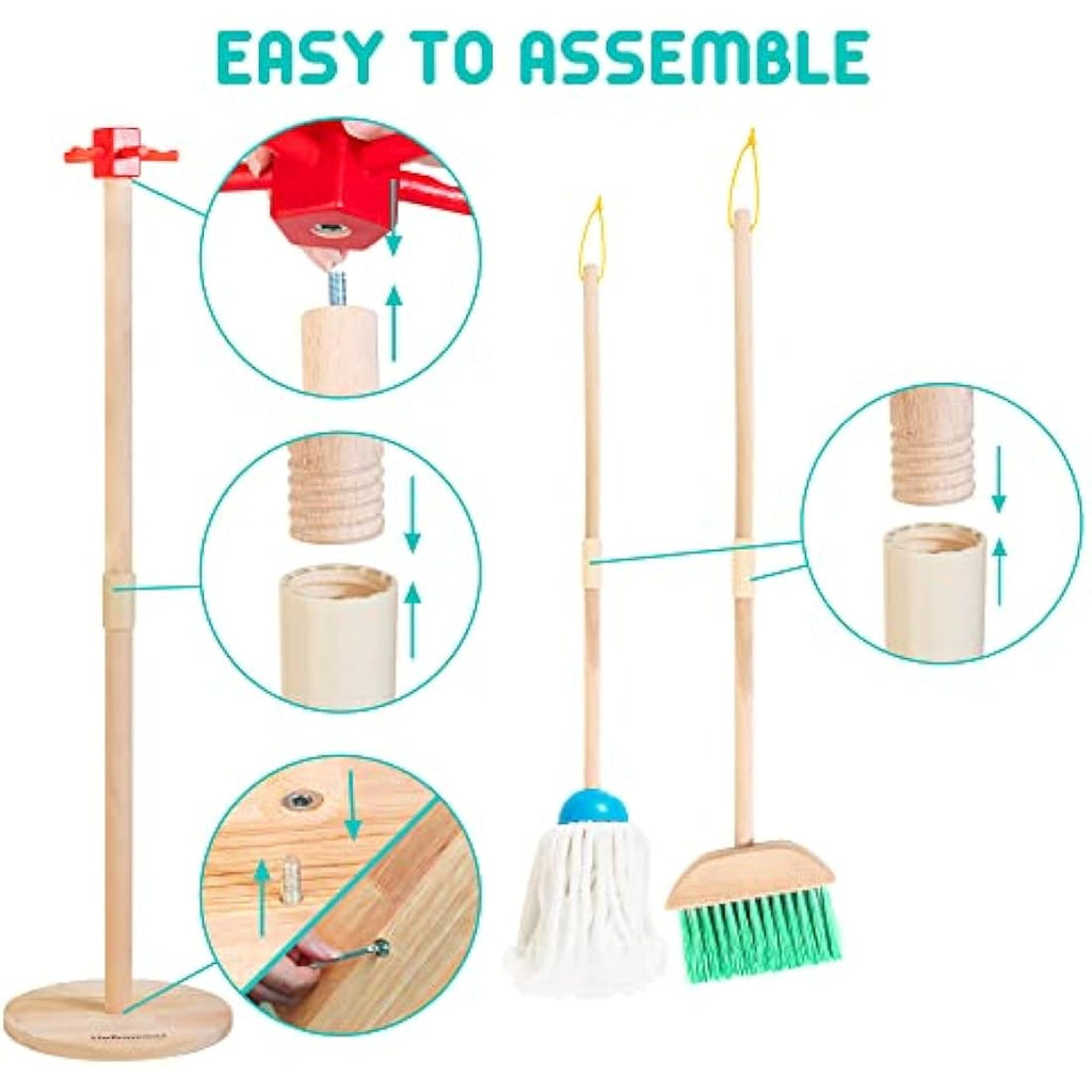HELLOWOOD 8-Piece Wooden Kids Cleaning Set | Toddler Pretend Play Kit
