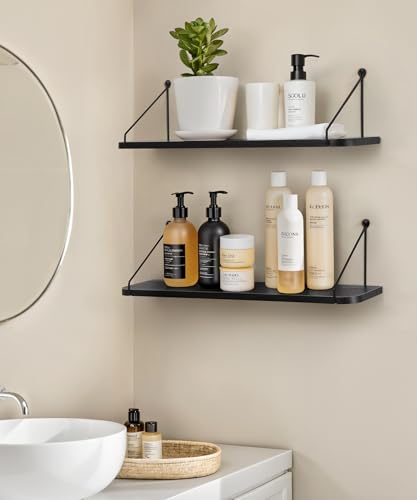 SUMGAR Black Floating Shelves – 60cm Modern Wood Wall Storage, Set of 2