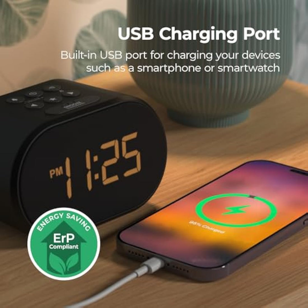 i-box Bedside Alarm Clock with FM Radio, USB Charging & Dual Alarm - Black
