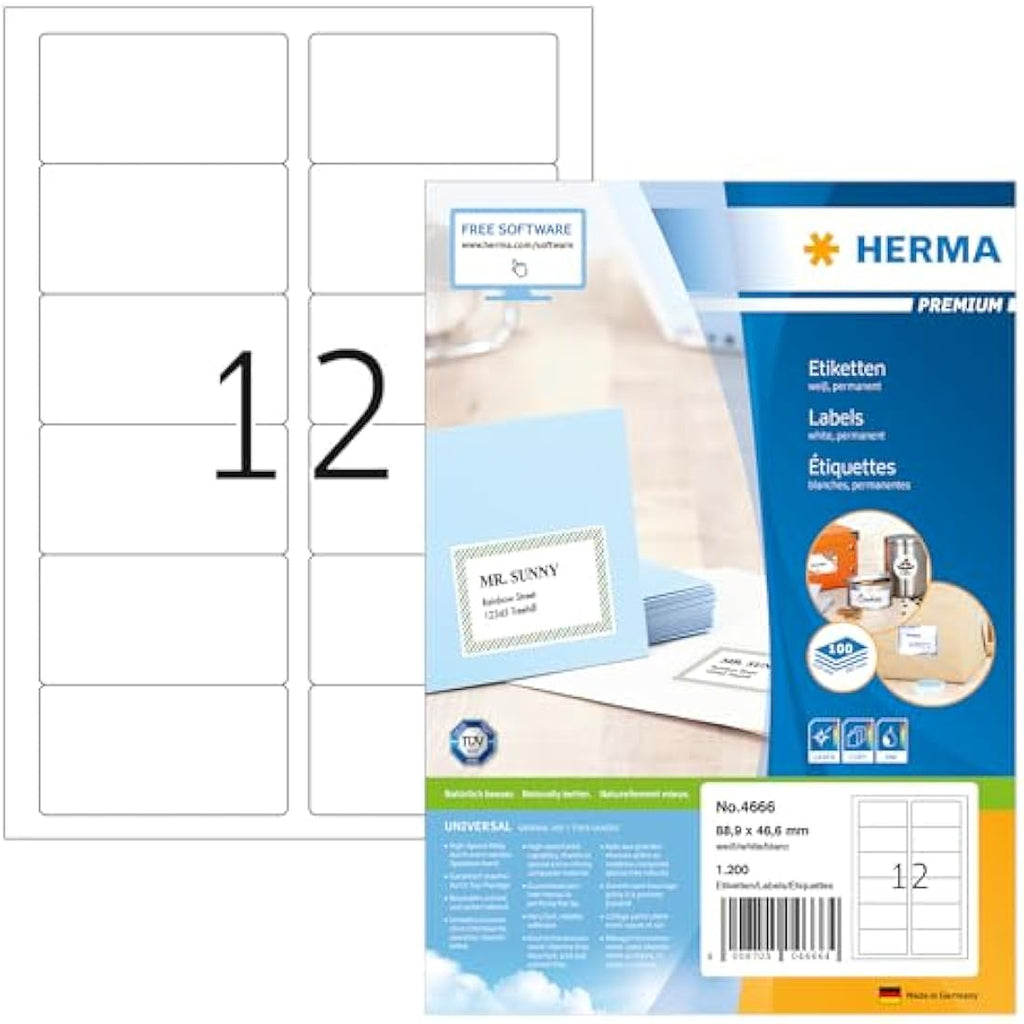 HERMA White Multipurpose Labels | 88.9 x 46.6 mm | 1200 Blank Stickers