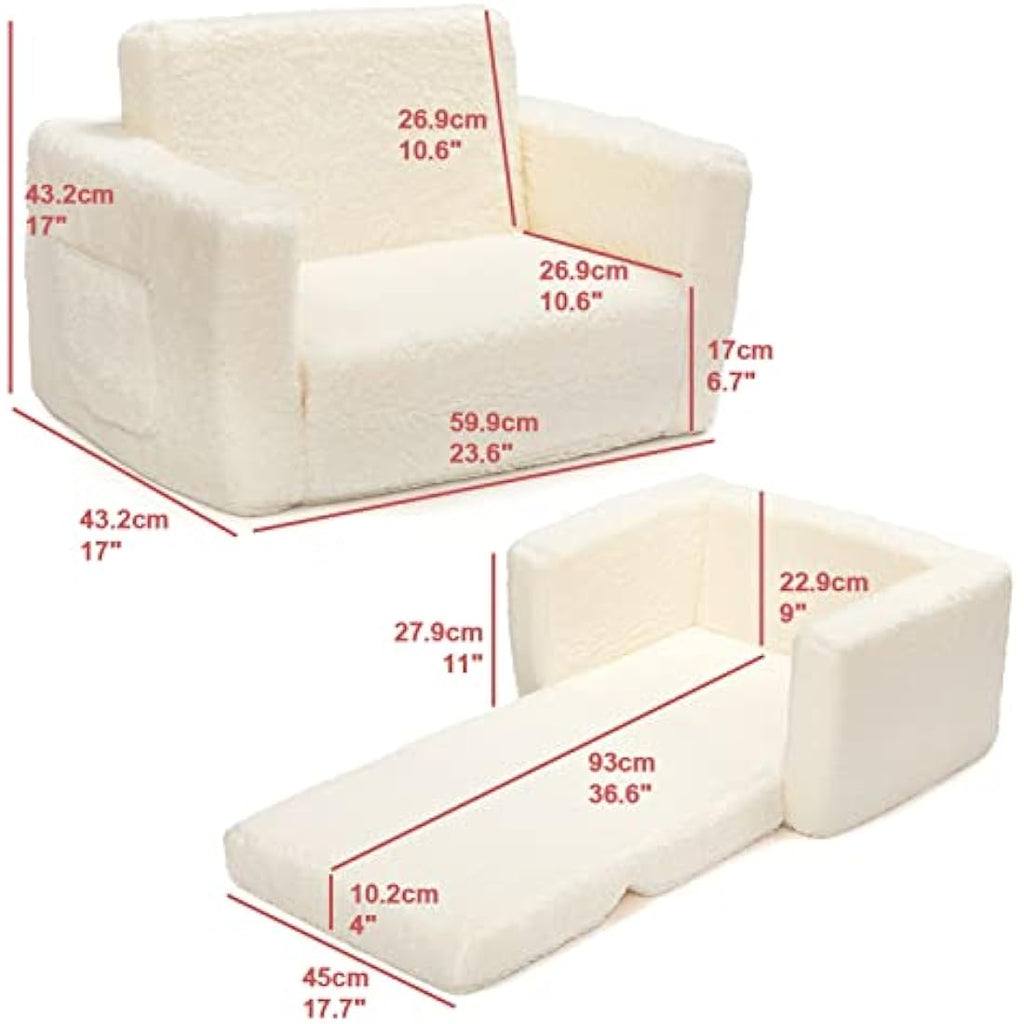 BEJOY Kids 2-in-1 Flip Out Sofa Bed – Sherpa Toddler Convertible Chair, White