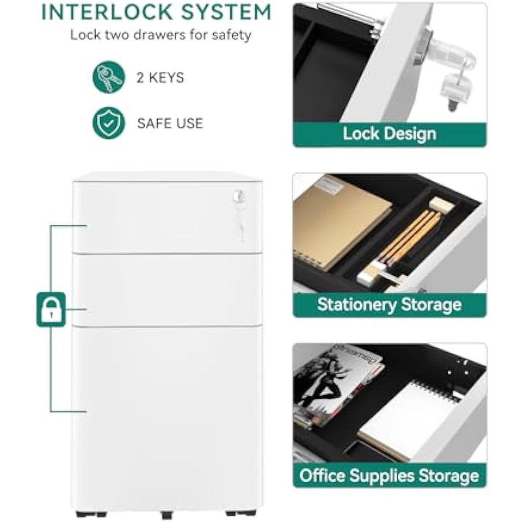 YITAHOME 3-Drawer Mobile Filing Cabinet | Lockable Steel Office Pedestal