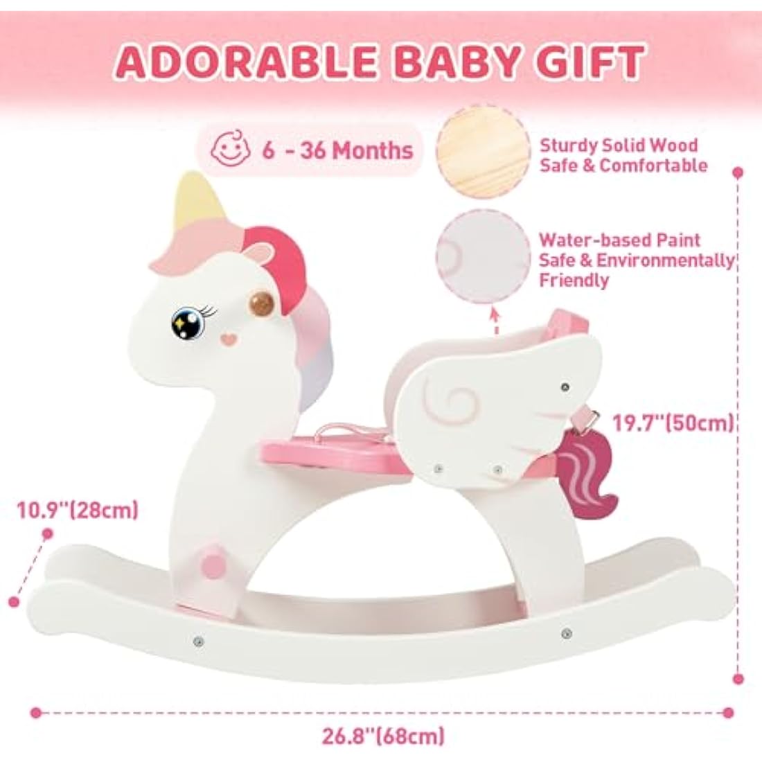 FUNLIO Wooden Unicorn Rocking Horse with Safety Belt for Ages 0.5-3 - Pink
