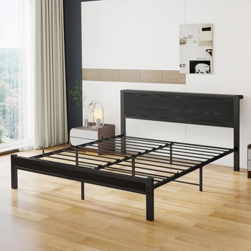 DUMEE King Size Metal Bed Frame with Storage Headboard – Black