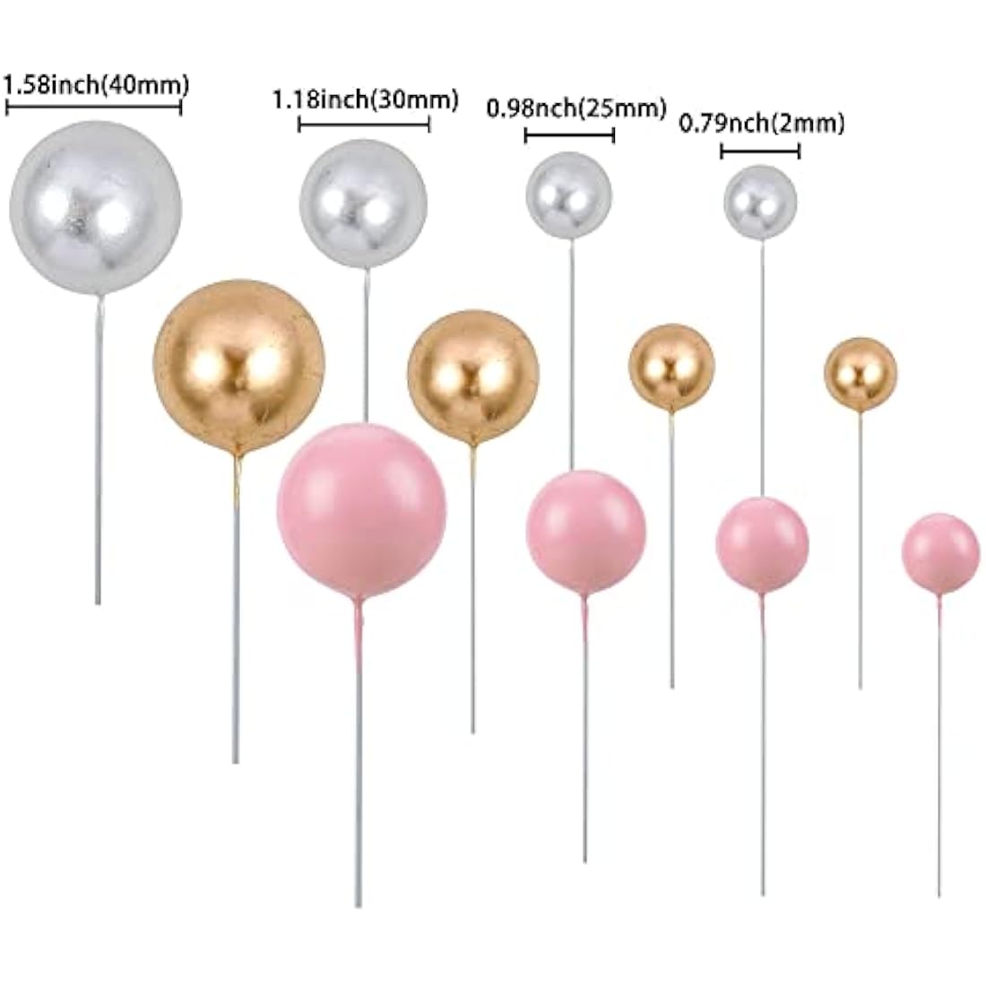 Jolof Store 30Pcs Foam Ball Cake Toppers | Gold Silver Pink Cupcake Picks