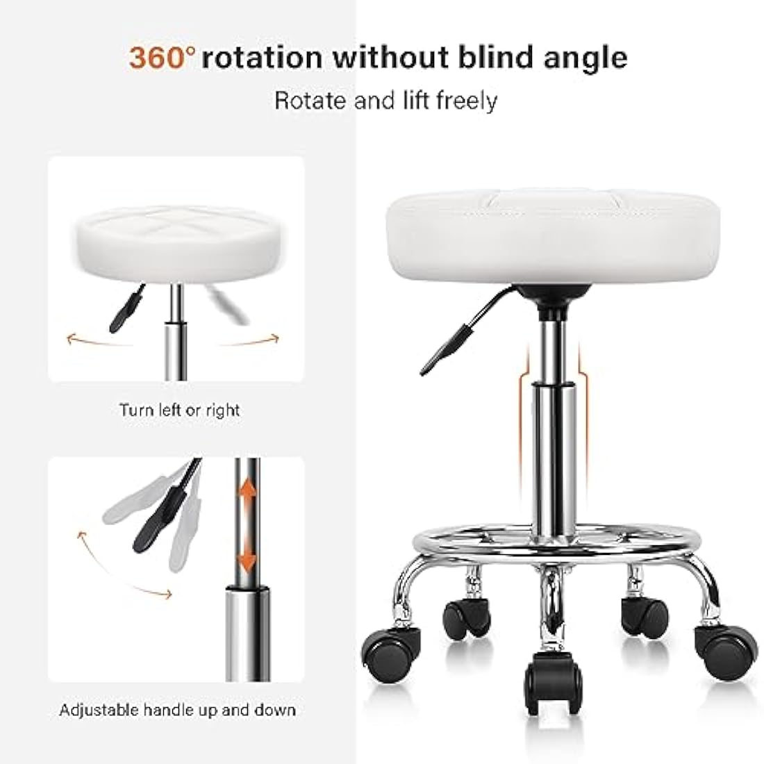 Jolof Store Round Rolling Stool – Adjustable PU Leather Swivel Chair, White