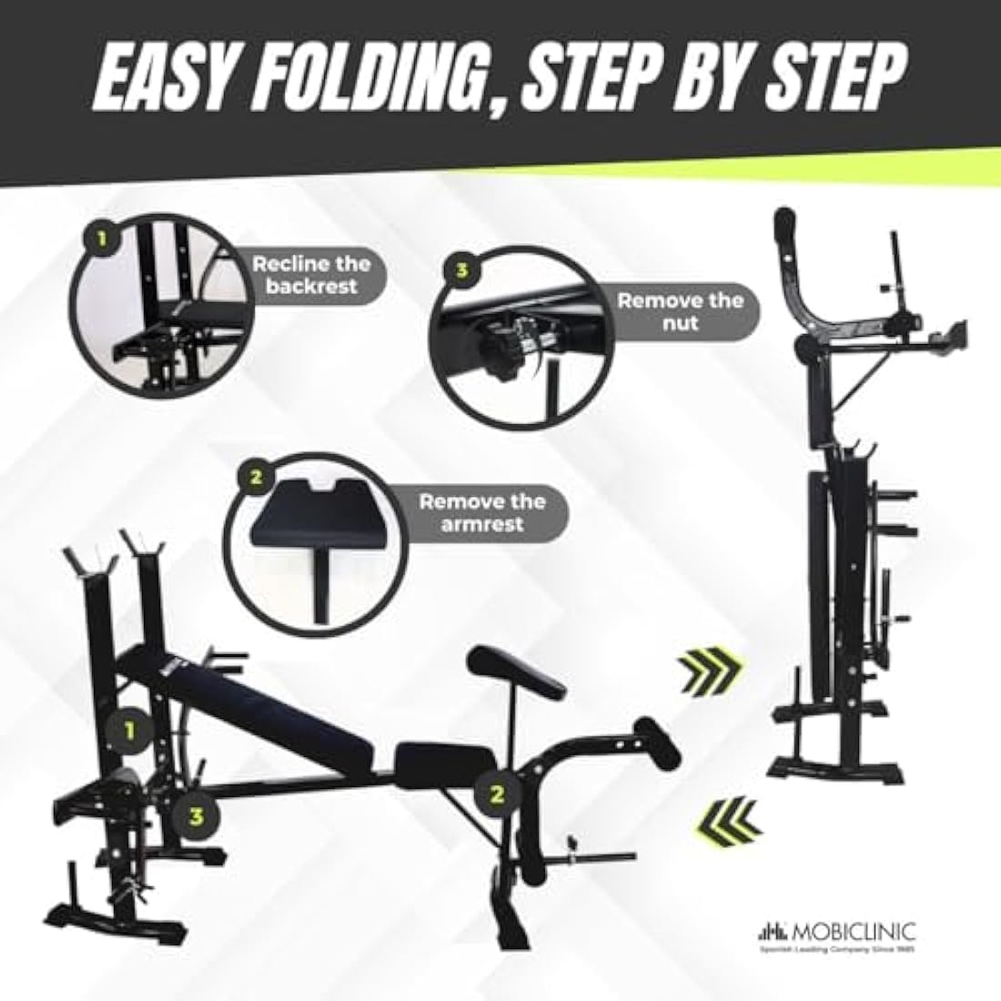 Mobiclinic Pressfit Adjustable Gym Bench - Foldable Steel Weight Bench