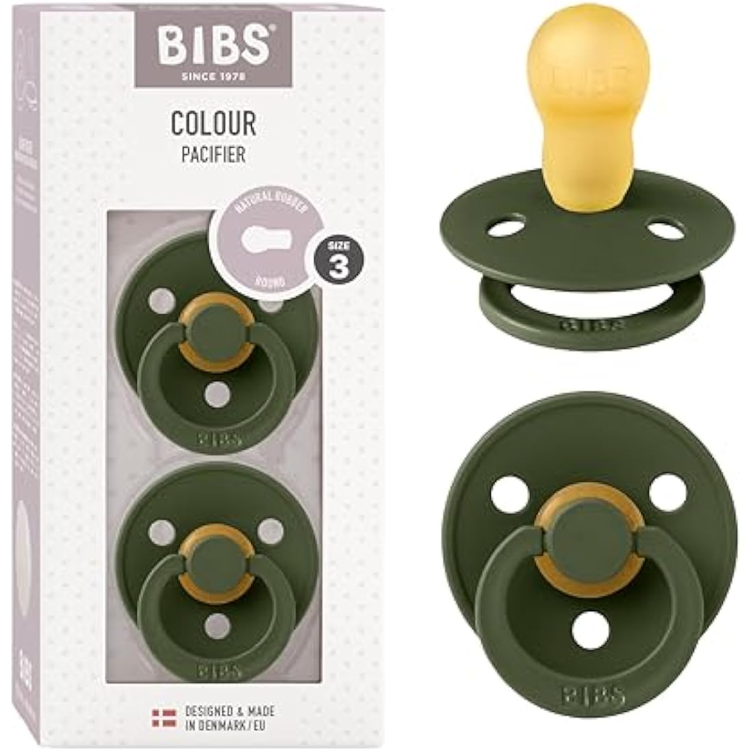 BIBS Colour Pacifier 2-Pack | Natural Rubber Latex Soother, Size 3