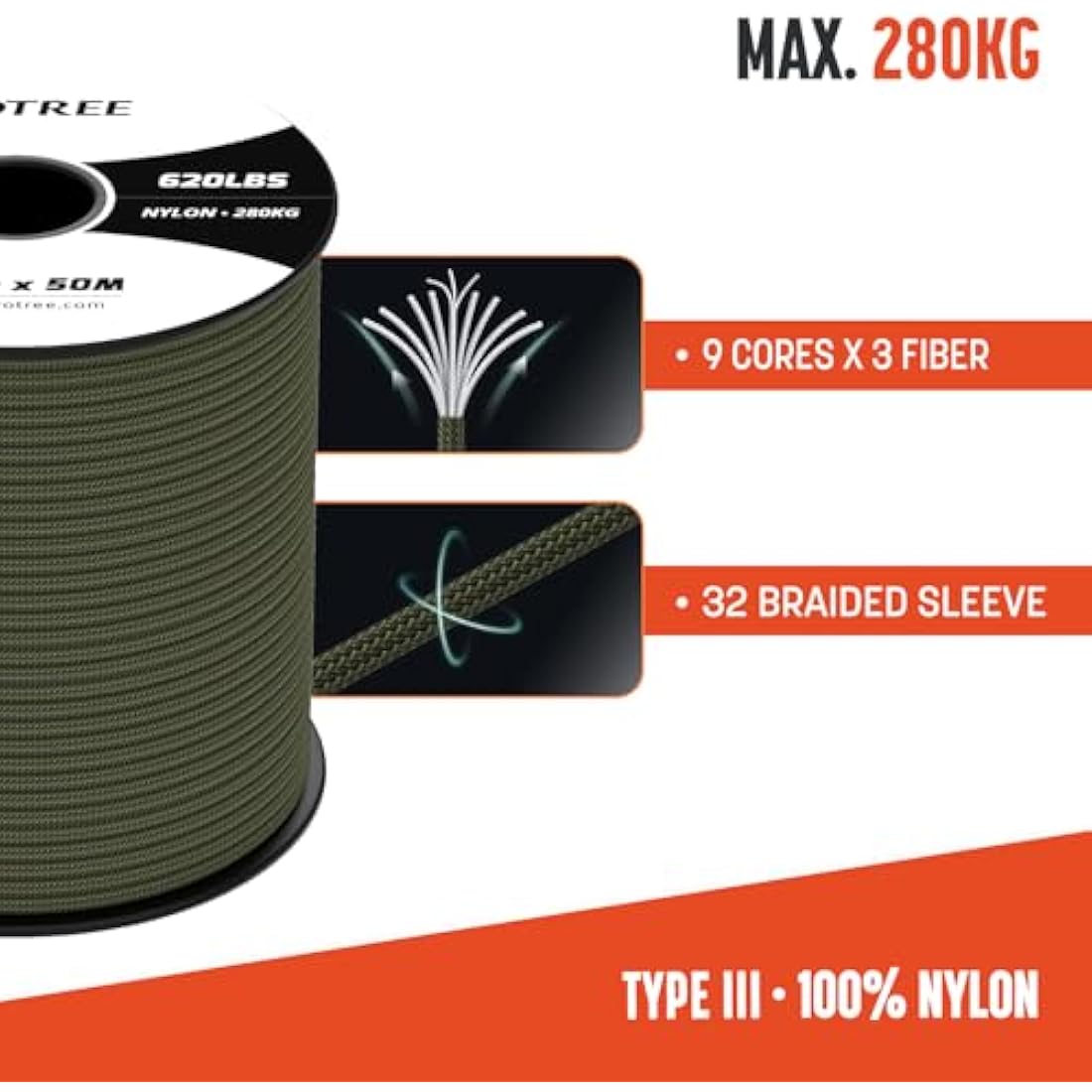 Brotree 4mm 9-Strand Nylon Paracord – 100M Tactical Rope, Army Green