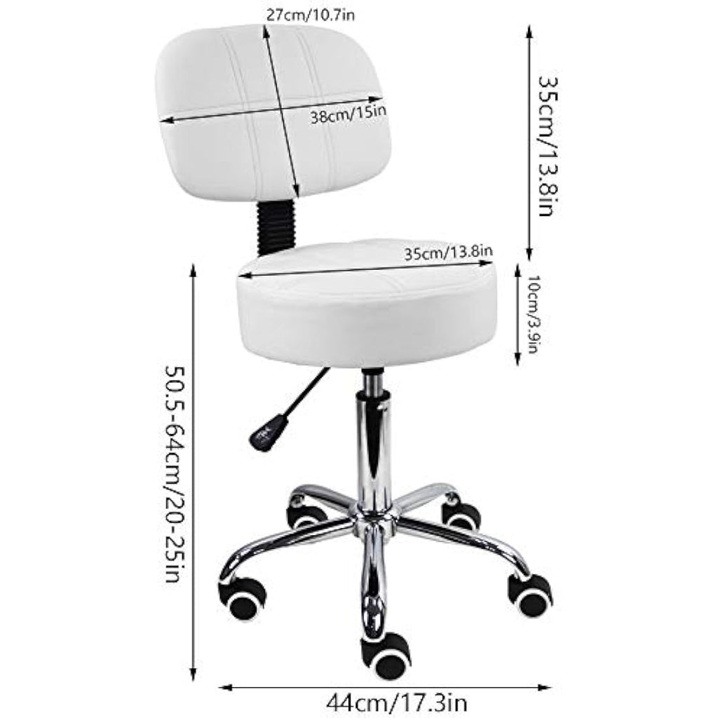 KKTONER Round Rolling Stool with Back - White PU Leather Swivel Chair