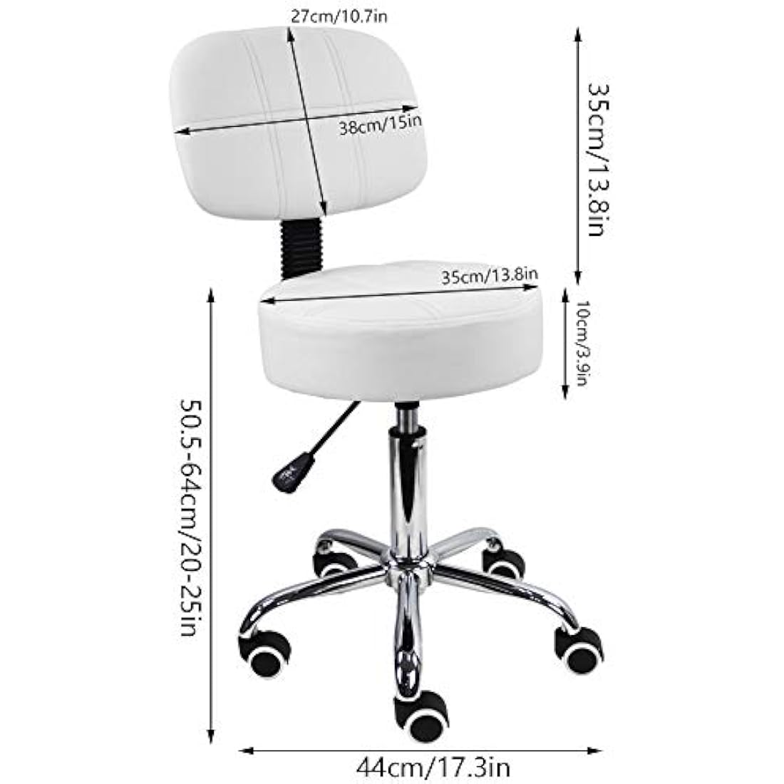 KKTONER Round Rolling Stool with Back - White PU Leather Swivel Chair
