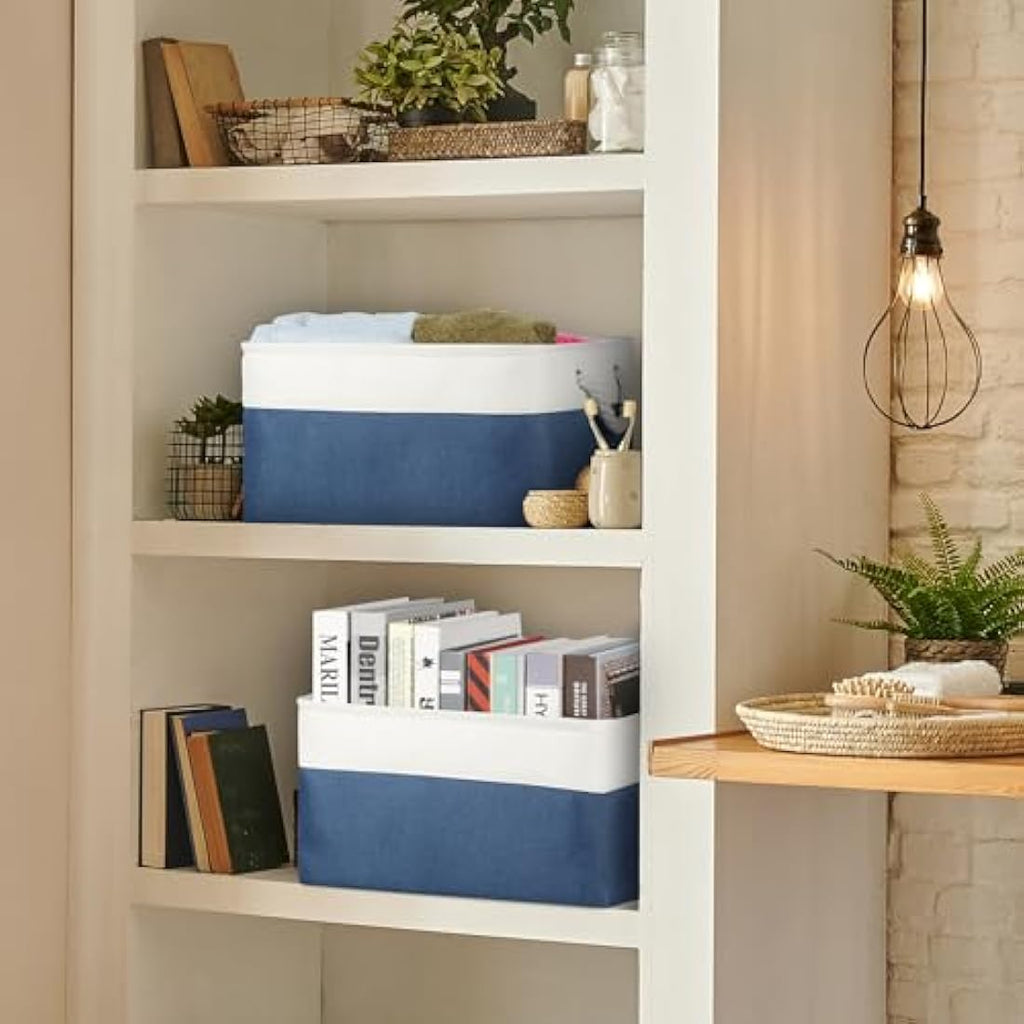 Foldable Linen Storage Baskets – Blue Fabric Bins, 3 Pack