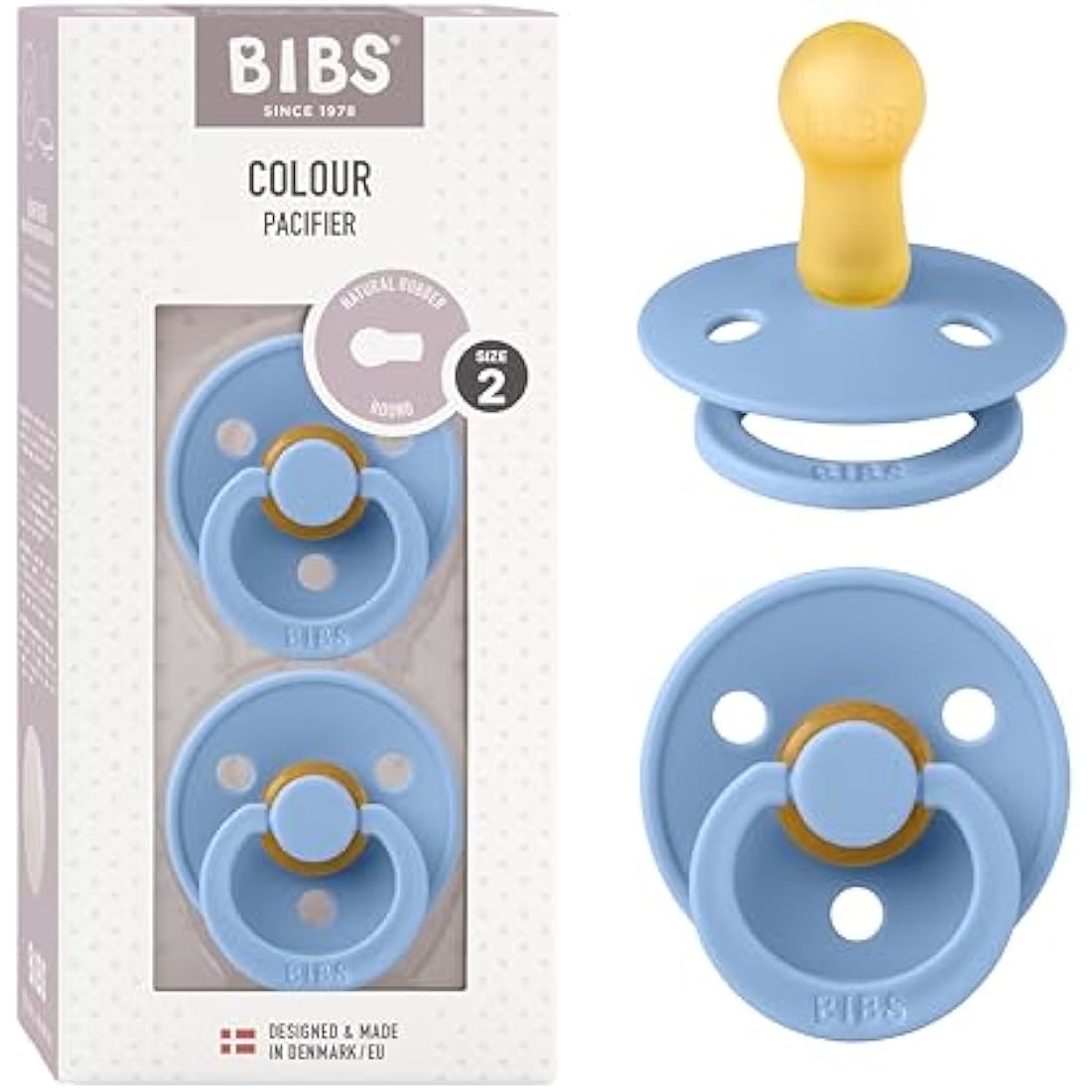 BIBS Colour Pacifier 2-Pack | Natural Rubber Latex | Sky Blue | Size 2