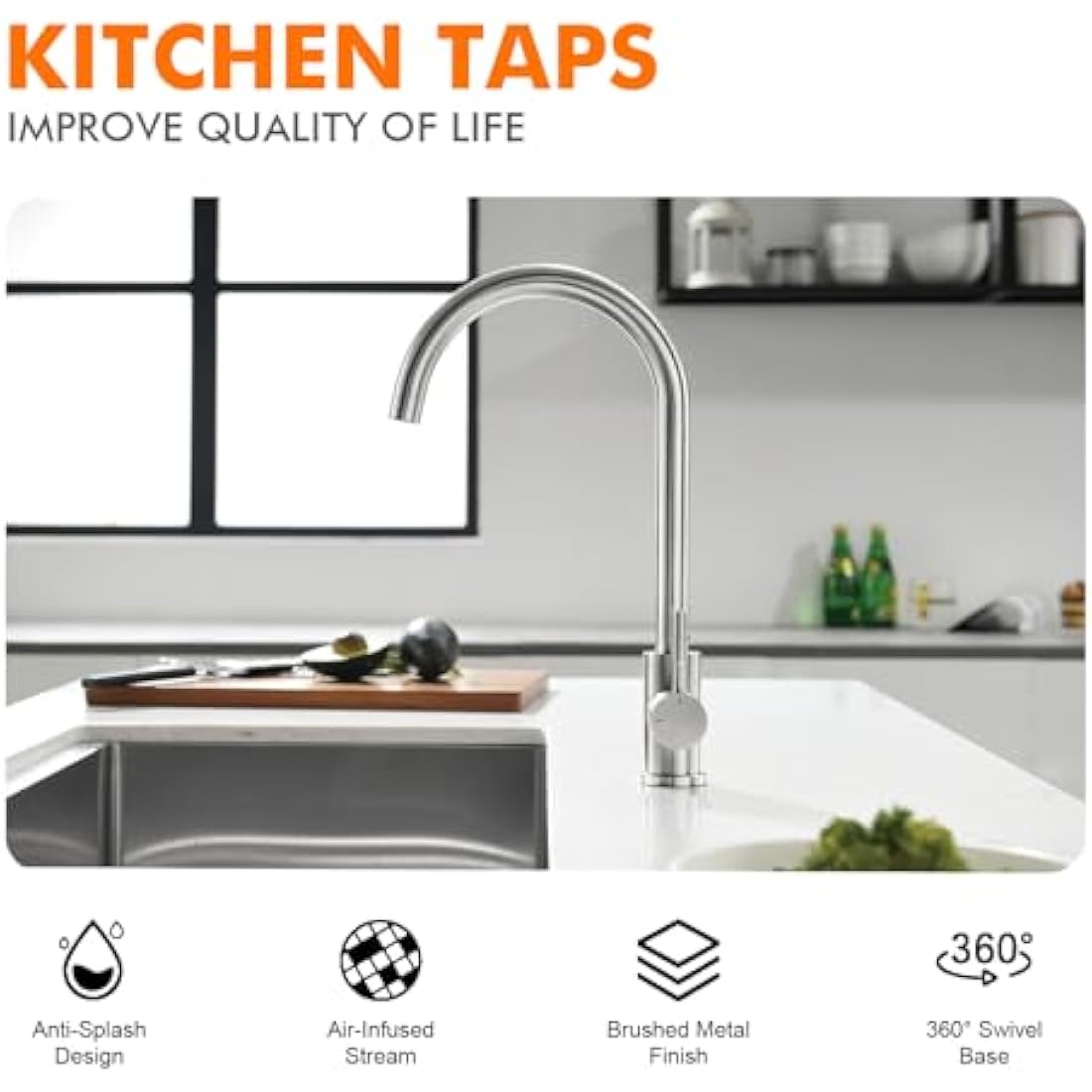 GRIFEMA G4008 Kitchen Mixer Tap | High Arc 360° Swivel Stainless Steel