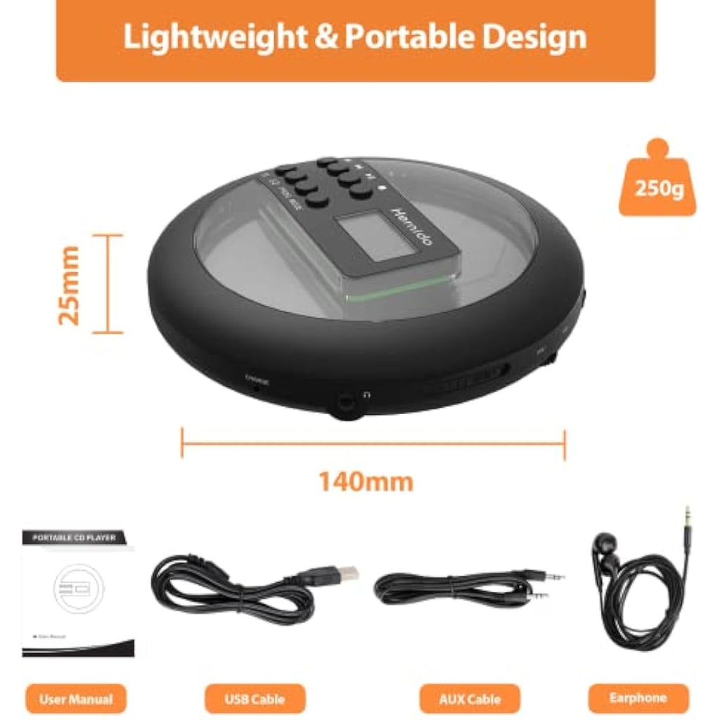 Hernido Portable CD Player for Car | Rechargeable Walkman with FM Transmitter