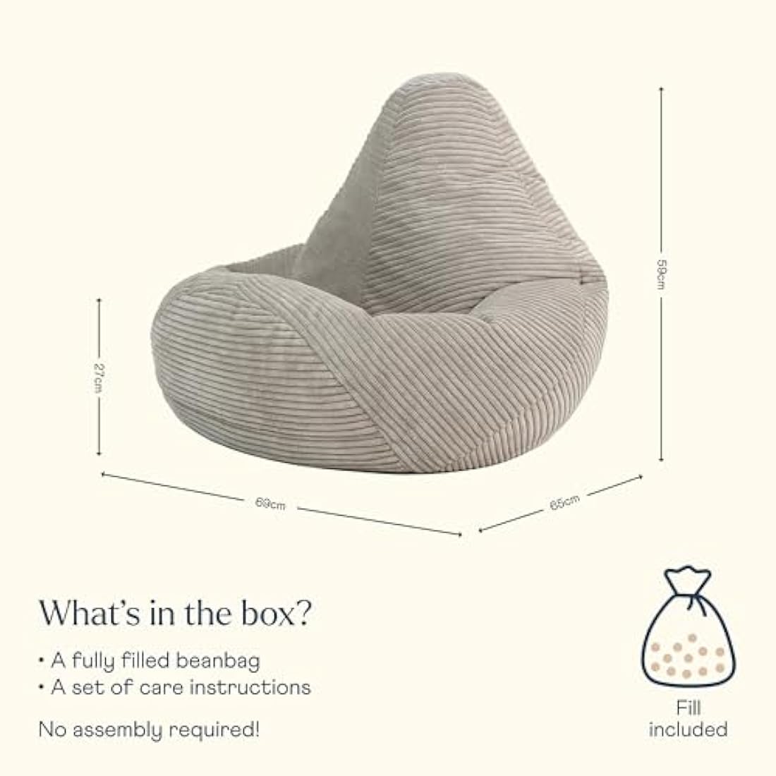 icon Dalton Kids Corduroy Bean Bag Chair – Beige Supportive Recliner