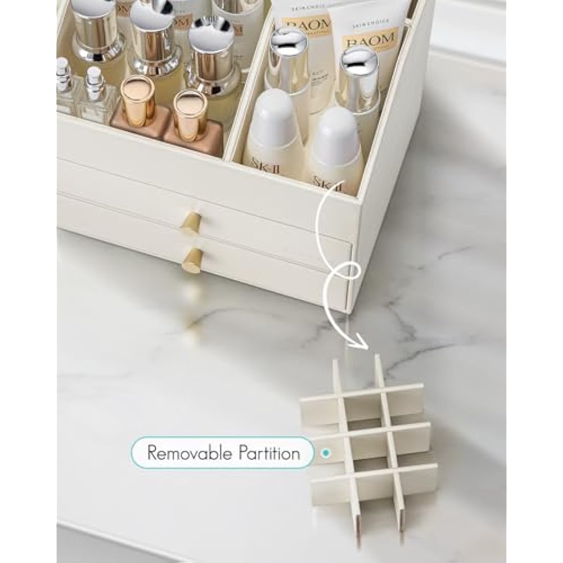Vlando Faux Leather Makeup Organiser | 2-Drawer Cosmetic Storage, Beige