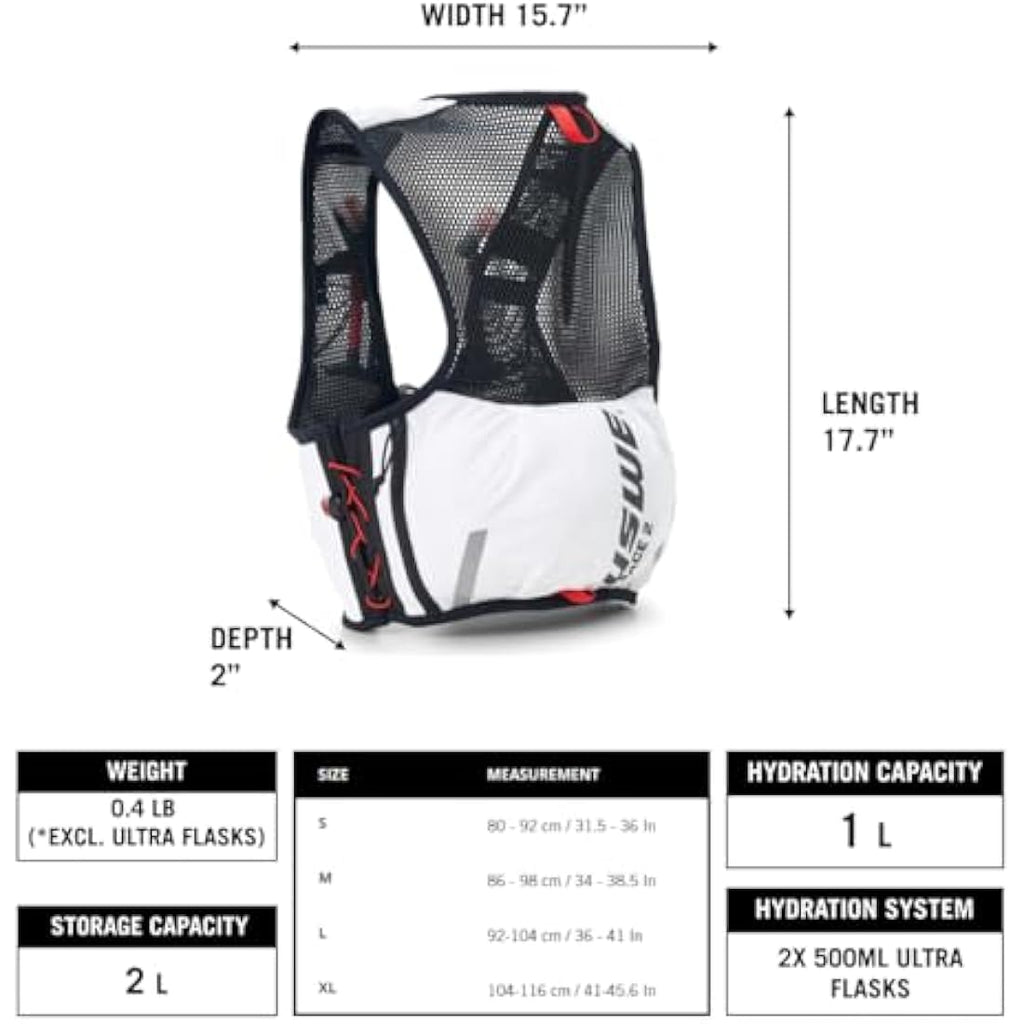 USWE Pace 2L Running Vest Hydration Pack with 2 UltraFlasks – White/Black
