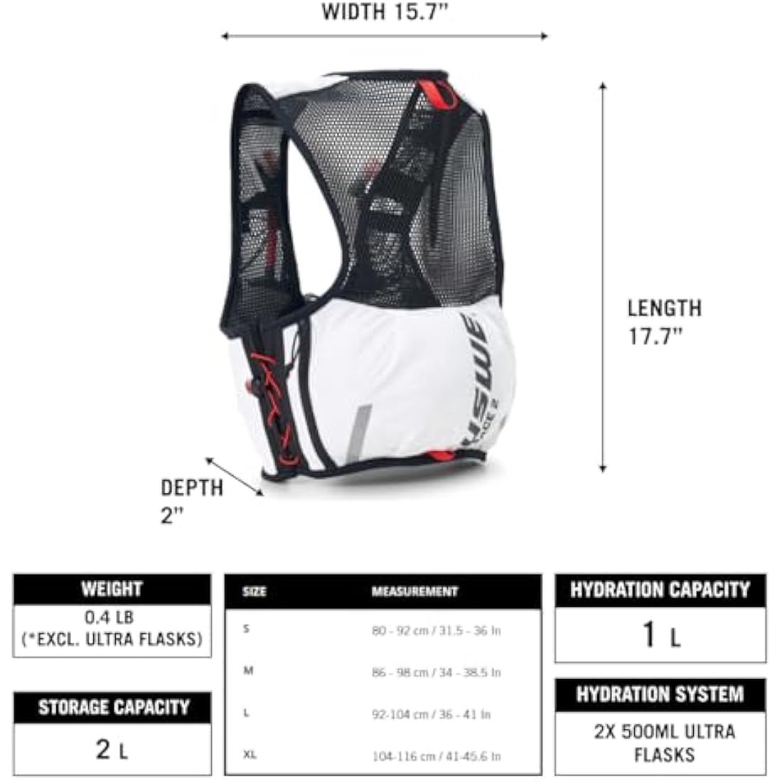 USWE Pace 2L Running Vest Hydration Pack with 2 UltraFlasks – White/Black