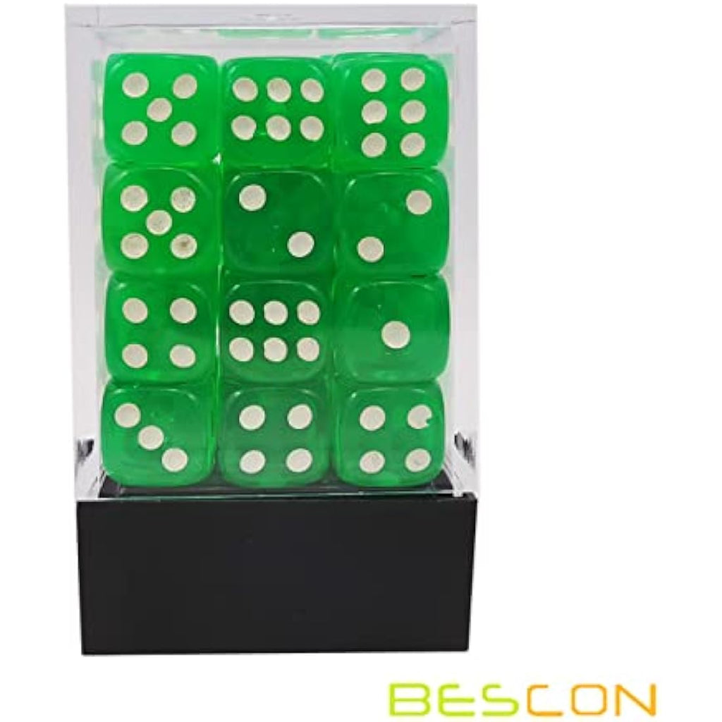 Bescon 12mm D6 Dice Set - 36 Translucent Green Six Sided Dice with Box