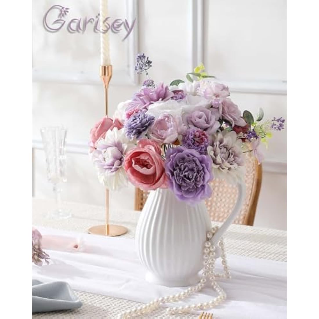 Garisey Artificial Flowers Combo Box Set | White Purple Silk Peony & Rose