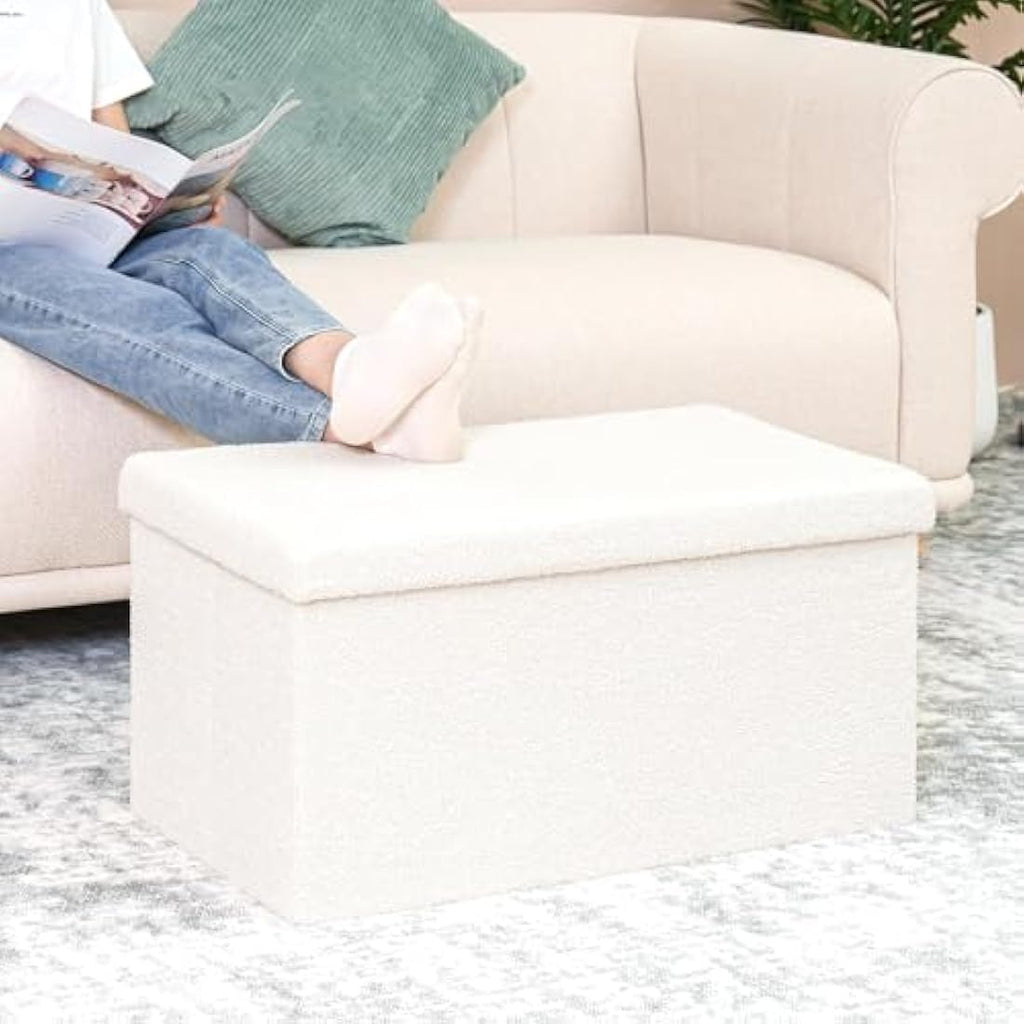Bonlife White Boucle Storage Ottoman Bench – Folding Toy Box, 80cm