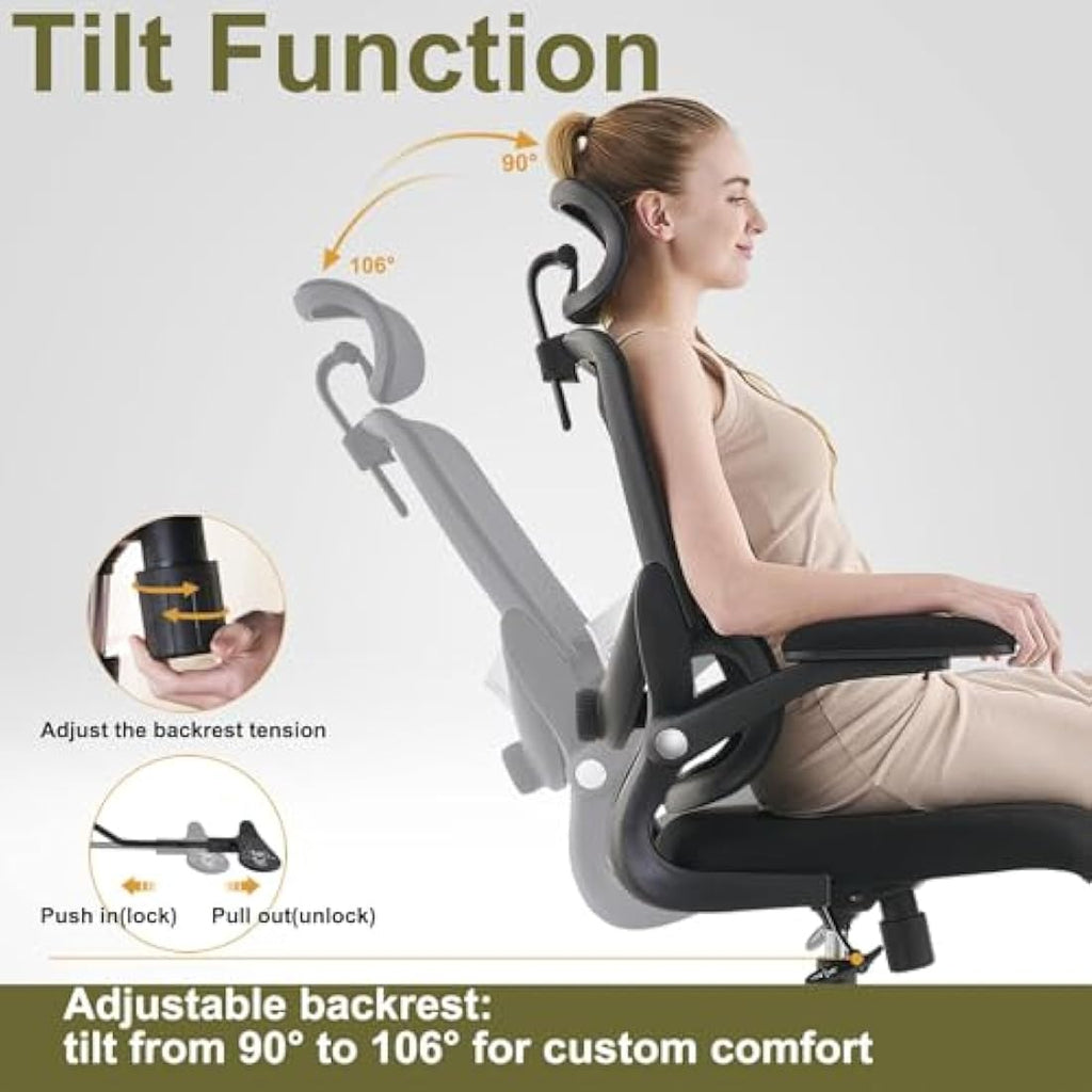 TONFARY Ergonomic Mesh Office Chair – Adjustable Lumbar & Flip-Up Arms