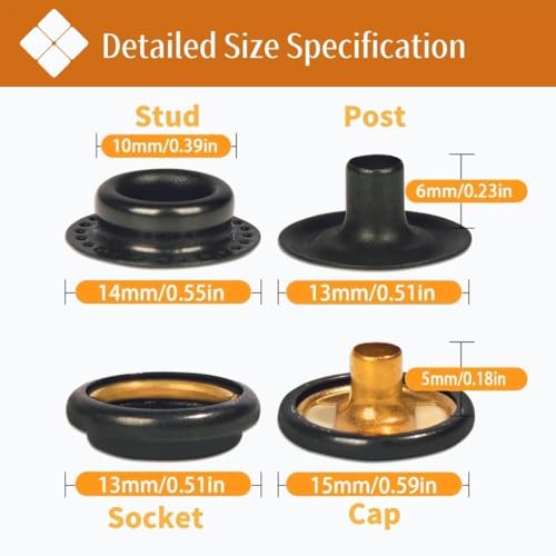 SUNAROC 100 Sets Metal Snap Fasteners Kit – 15mm Press Studs with Tool