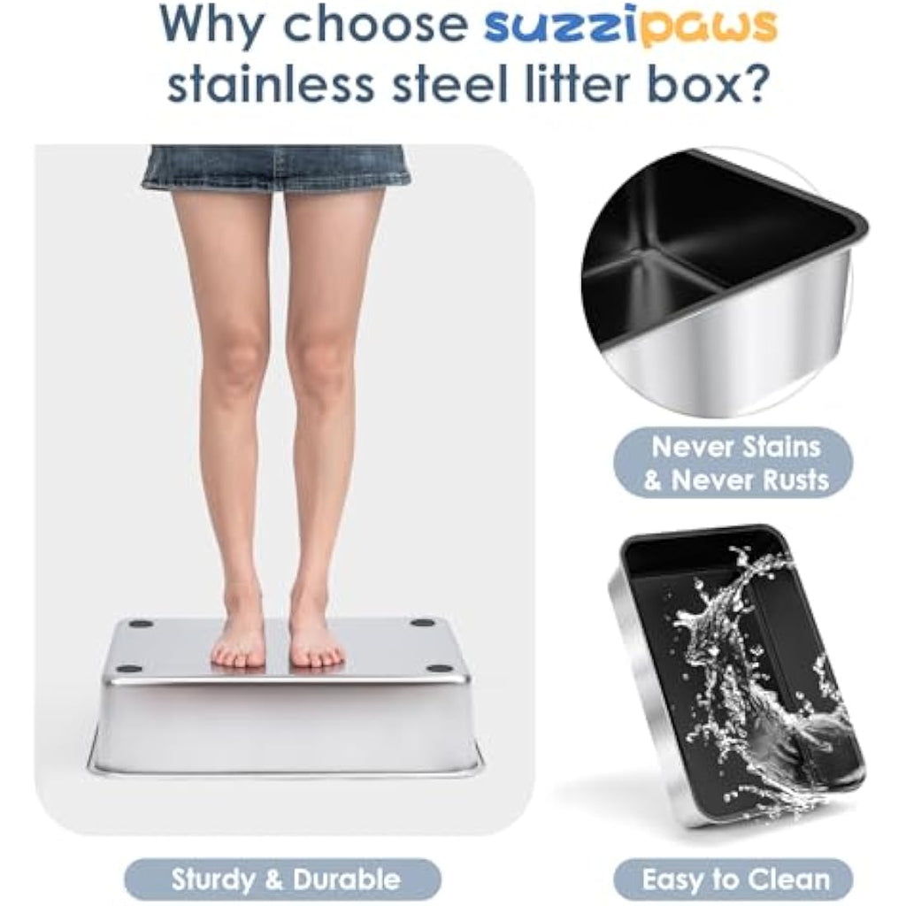 Suzzipaws XL Non-Stick Stainless Steel Cat Litter Box with High Lid