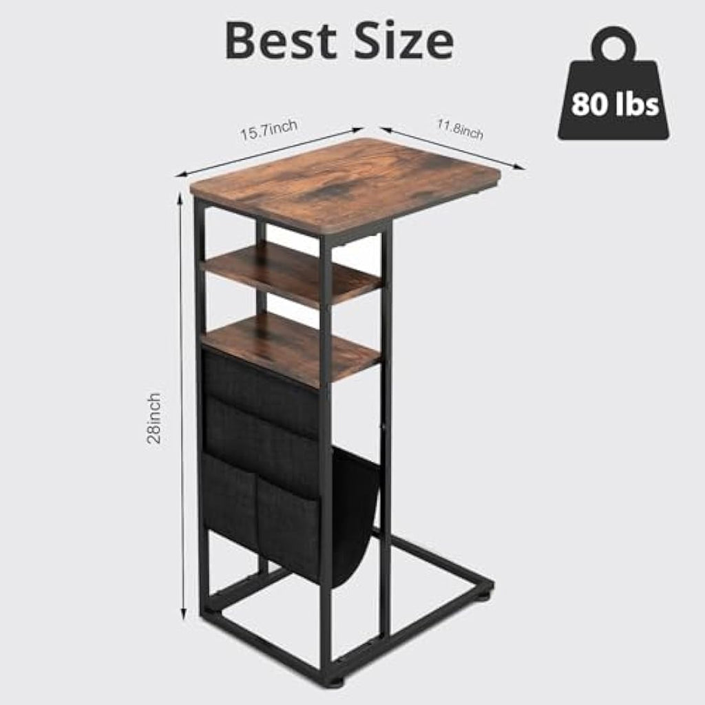 ZEXVIDA C Shaped Side Table – 3-Tier Industrial End Table with Storage