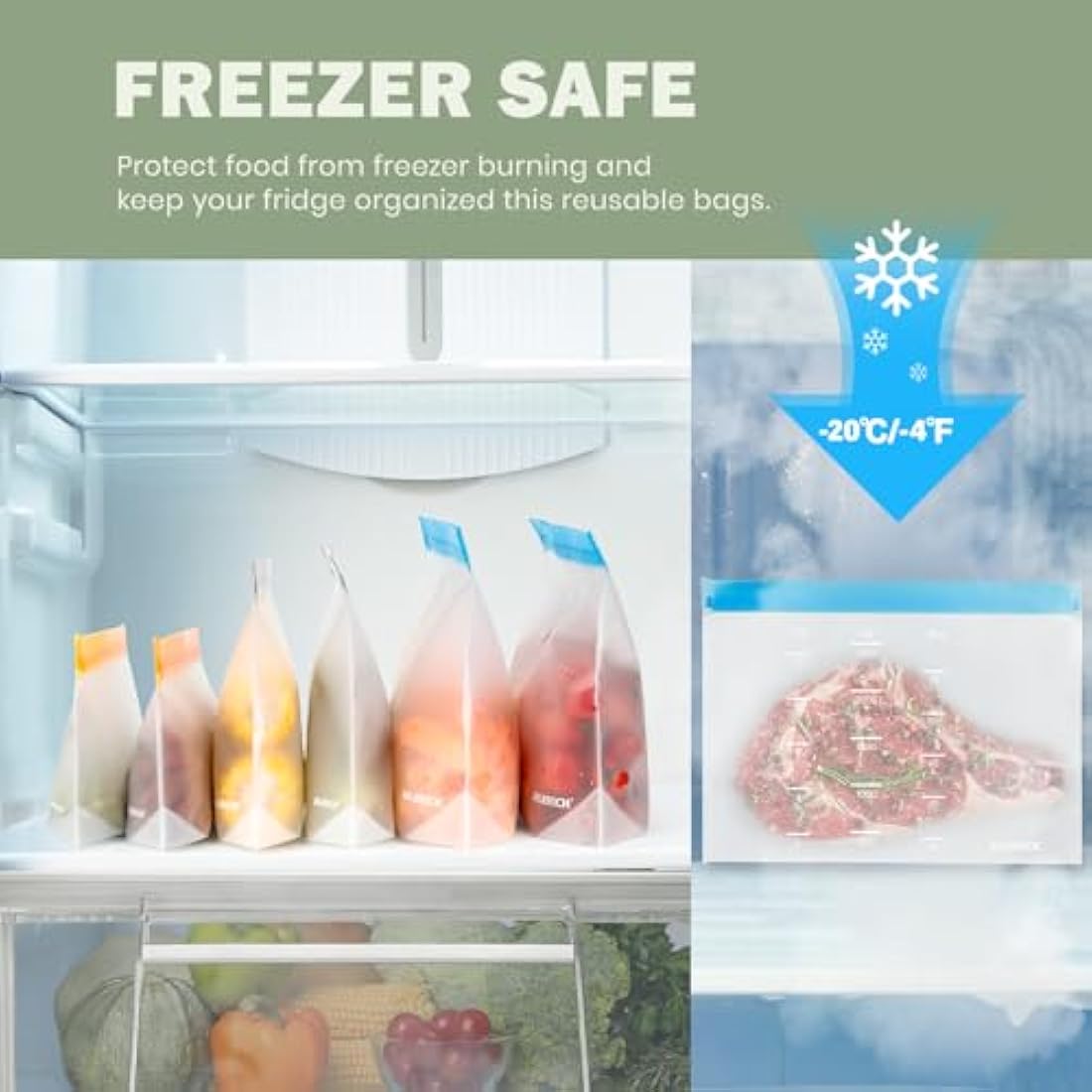 IDEATECH 20 Pack Reusable Freezer Bags – Leakproof PEVA Food Storage