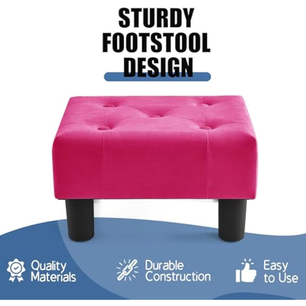 Velvet Footstool – Small Storage Ottoman for Living Room, Rose Red