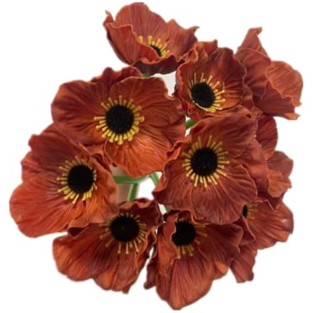 10 Stem Artificial Poppy Flowers – 11" Faux PU Anemone (Brown)