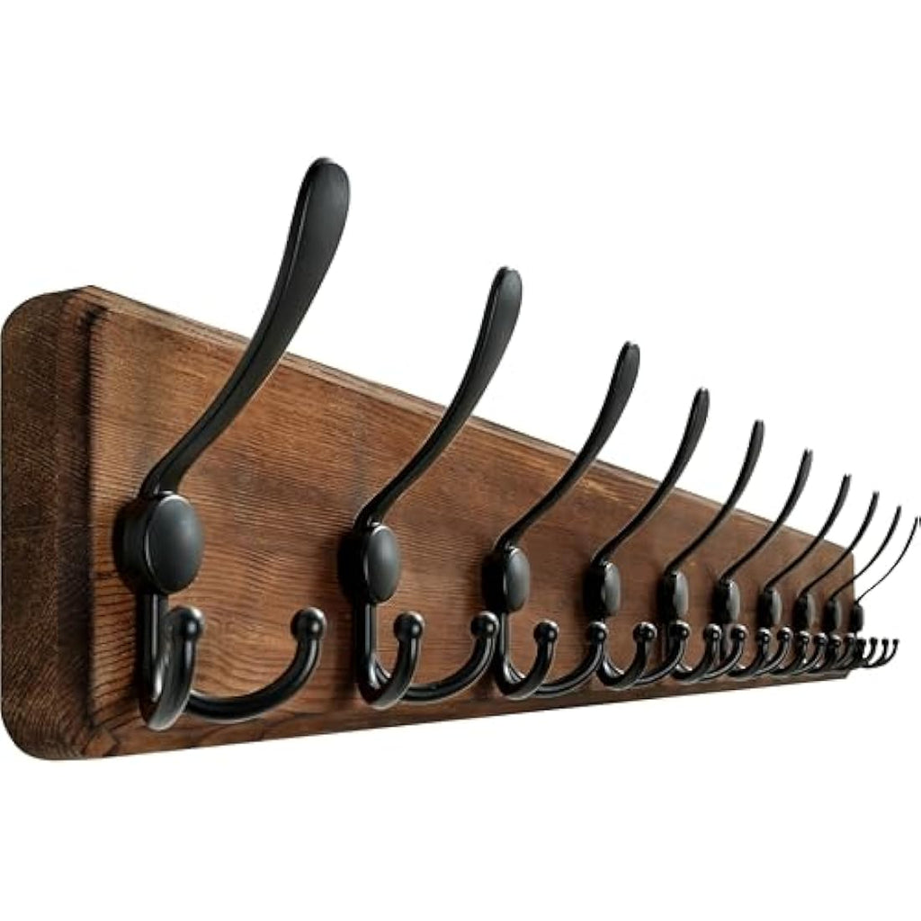 WEBI 98cm Solid Wood Wall Mounted Coat Rack with 10 Triple Hooks
