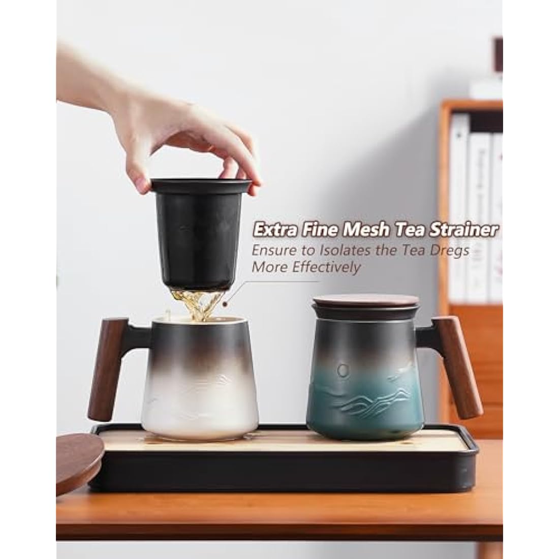 ZENS Ceramic Tea Infuser Mug with Wood Handle and Lid – 430ml Blue