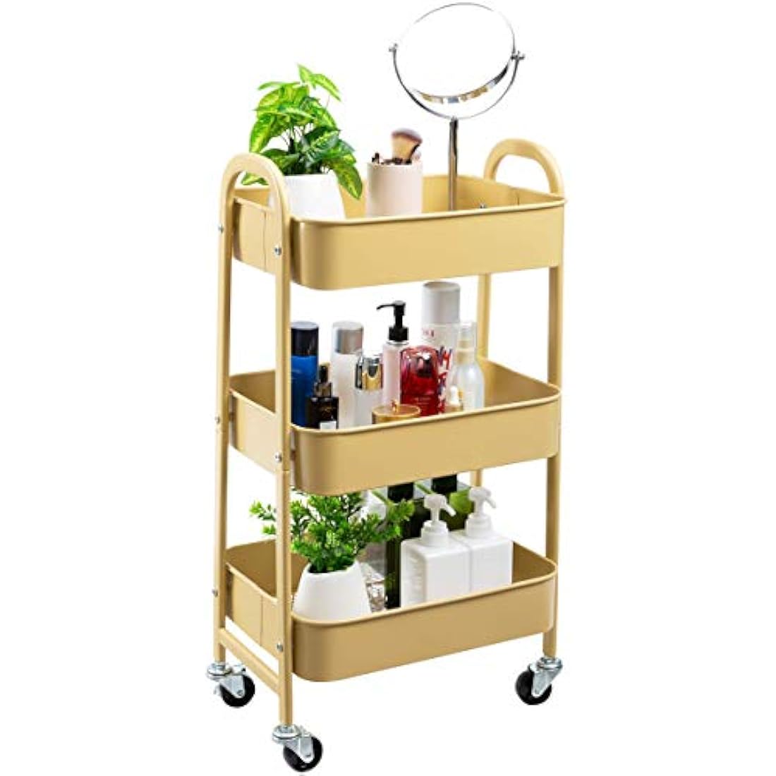 DOEWORKS 3-Tier Metal Rolling Utility Cart – Slim Storage Trolley, Khaki