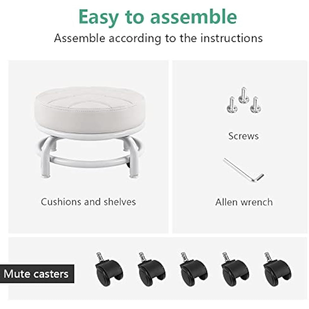 FURWOO Low Rolling Stool - PU Leather Round Swivel Seat with Wheels, White