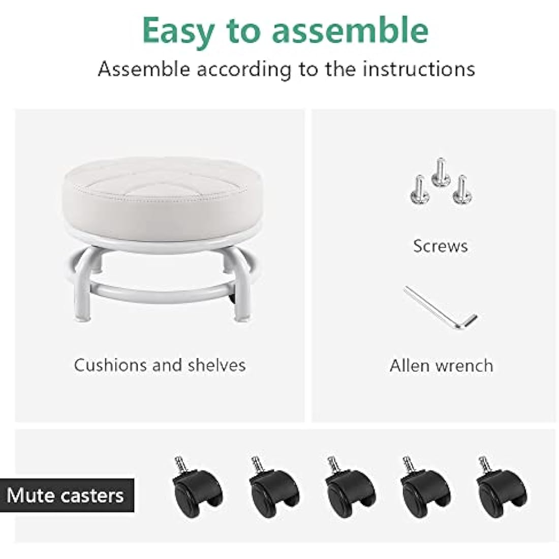 FURWOO Low Rolling Stool - PU Leather Round Swivel Seat with Wheels, White